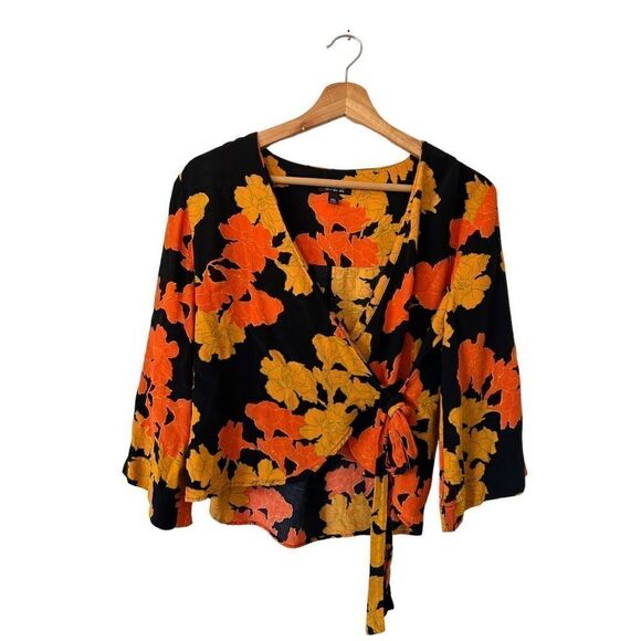 TOPSHOP Big Bloom  Multicolore Tie Wrap Blouse Gold Leaves Size 2 XS Fairy - Picture 2 of 12